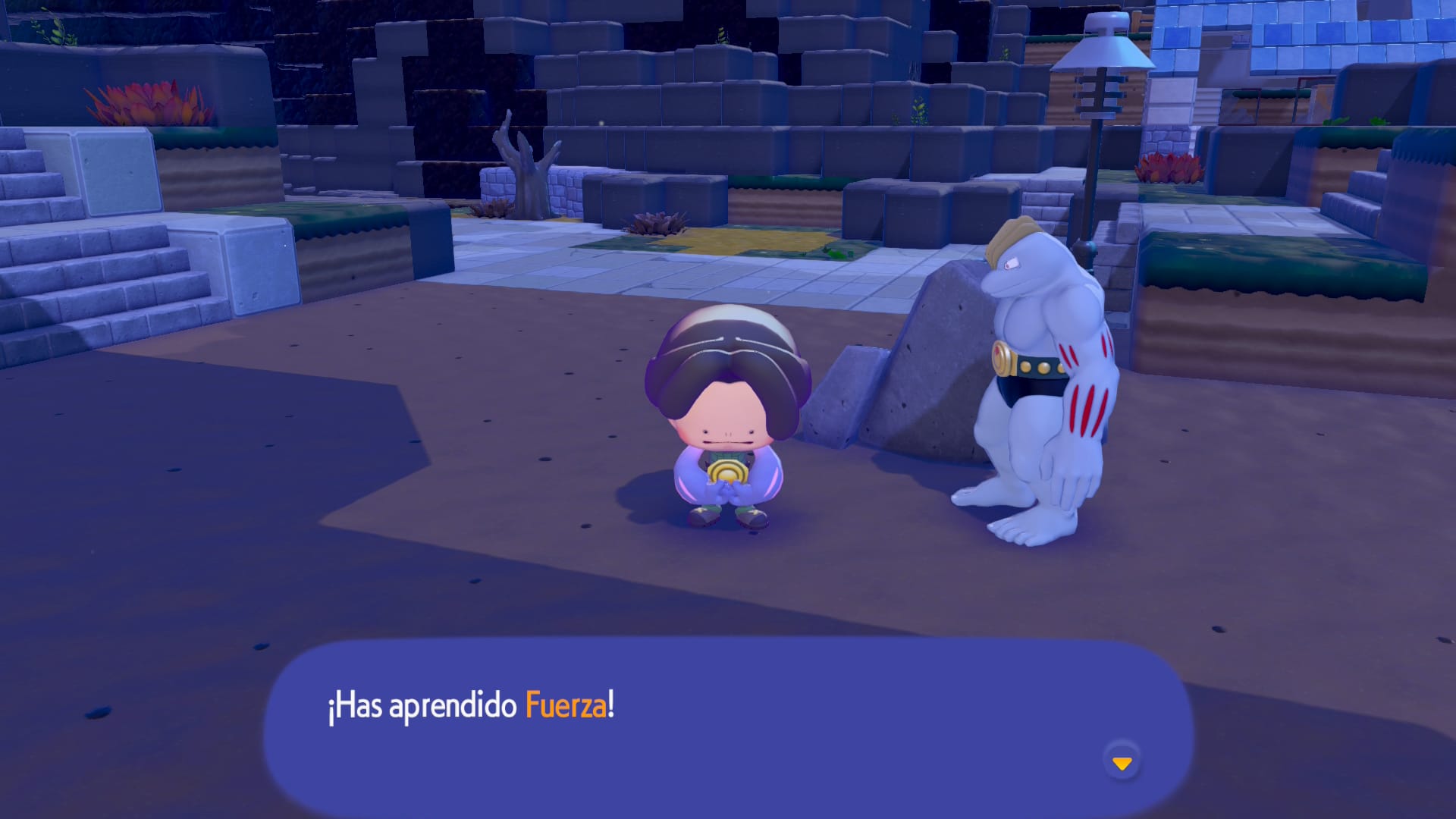 El ditto haciendo transformación consiguiendo los músculos de machoke mientras el se haya sorprendido y un cartel del hecho que acaba de ocurrir